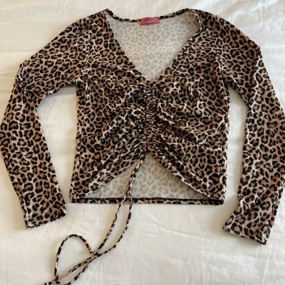 Ragdoll Leopard Ruched Long Sleeve V-Neck Crop Top Size S - Picture 1 of 5